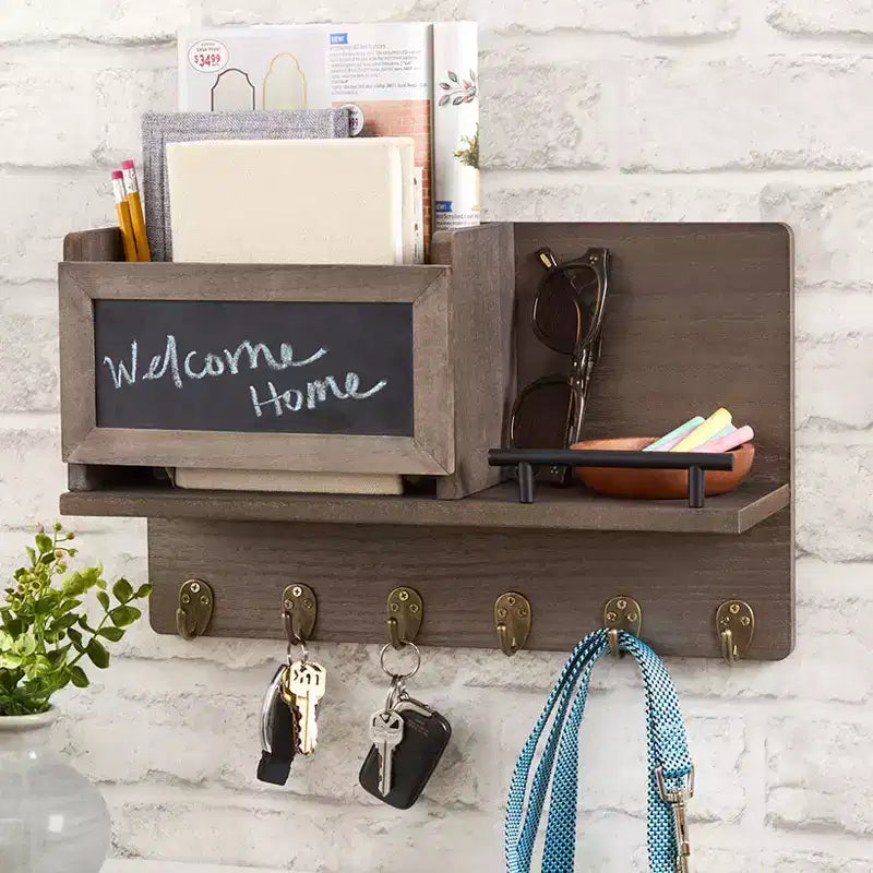 The Lakeside Collection Wall Mounted Entryway Organizer Shelf with Chalkboard and Mail Bin -