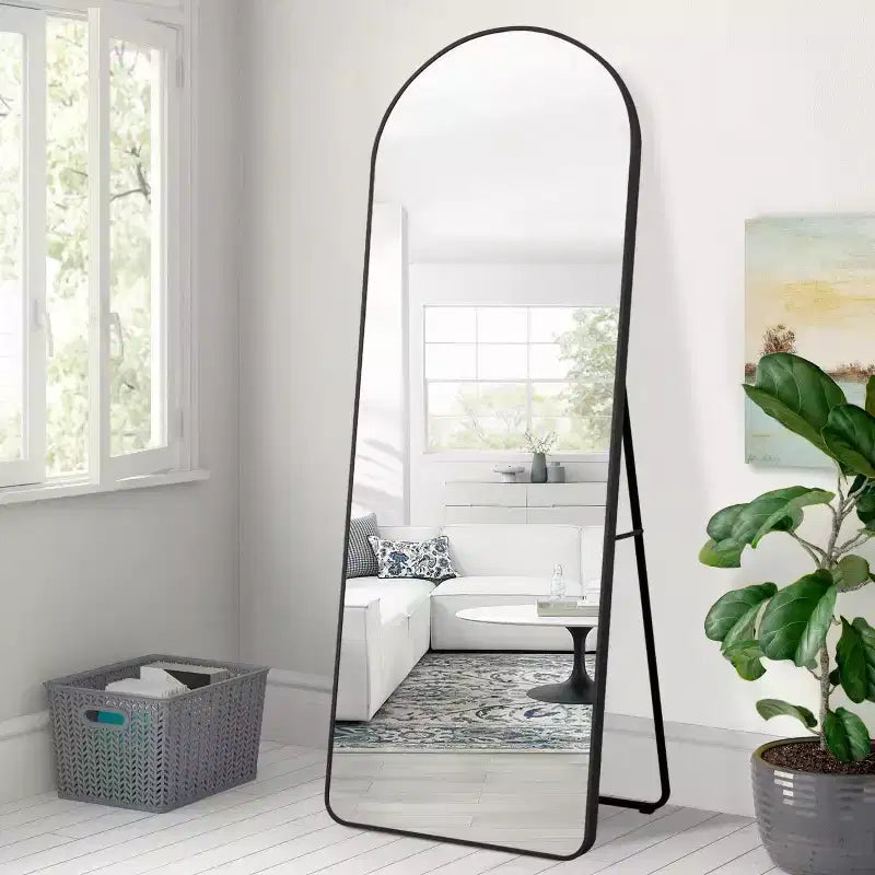 PexFix 64x21 Aluminum Alloy Thin Frame Right Angle Arched Full Length HD Glass Floor Mirror Modern Decor for Bedroom Living Room Entryway Black