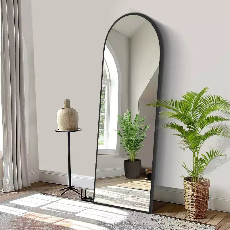 Miroir Mural Arqué de Sol Pleine Longueur 64x21 en Alliage d'Aluminium à Cadre Fin, Angle Droit, en Verre HD, Décor Moderne pour Chambre, Salon, Entrée, Noir