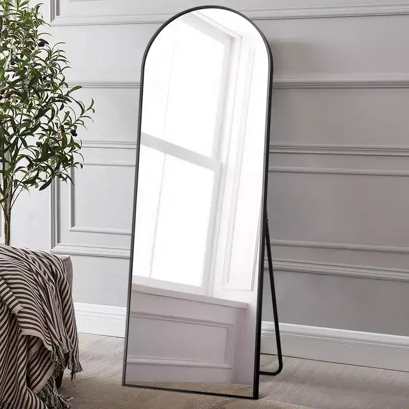Miroir Mural Arqué de Sol Pleine Longueur 64x21 en Alliage d'Aluminium à Cadre Fin, Angle Droit, en Verre HD, Décor Moderne pour Chambre, Salon, Entrée, Noir