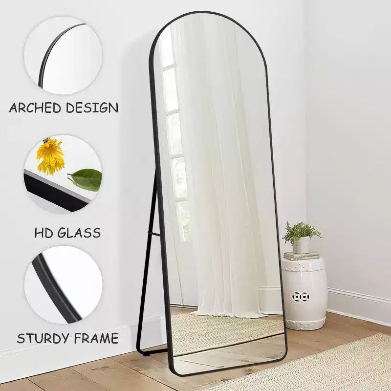 Miroir Mural Arqué de Sol Pleine Longueur 64x21 en Alliage d'Aluminium à Cadre Fin, Angle Droit, en Verre HD, Décor Moderne pour Chambre, Salon, Entrée, Noir