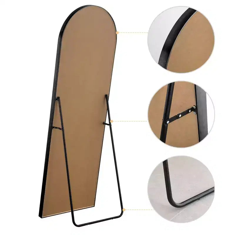 Miroir Mural Arqué de Sol Pleine Longueur 64x21 en Alliage d'Aluminium à Cadre Fin, Angle Droit, en Verre HD, Décor Moderne pour Chambre, Salon, Entrée, Noir