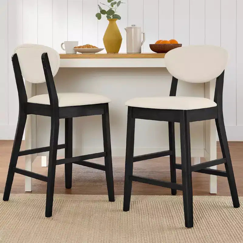 Ensemble de 2 tabourets de bar hauteur comptoir en bois et tissu d'inspiration Mid-Century Modern