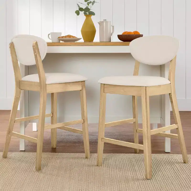 Ensemble de 2 tabourets de bar hauteur comptoir en bois et tissu d'inspiration Mid-Century Modern