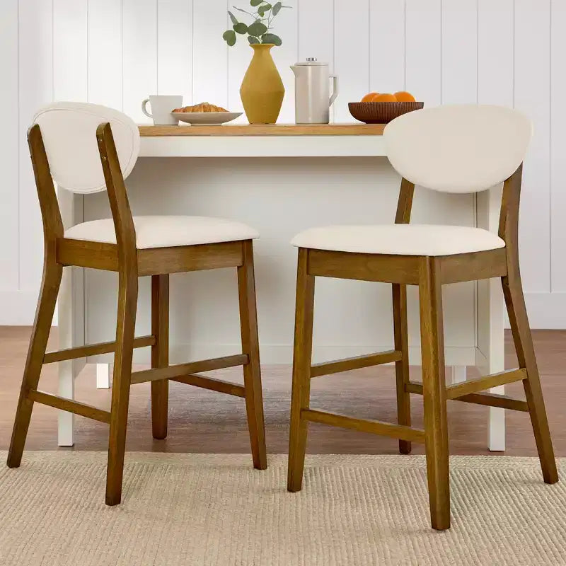 Ensemble de 2 tabourets de bar hauteur comptoir en bois et tissu d'inspiration Mid-Century Modern