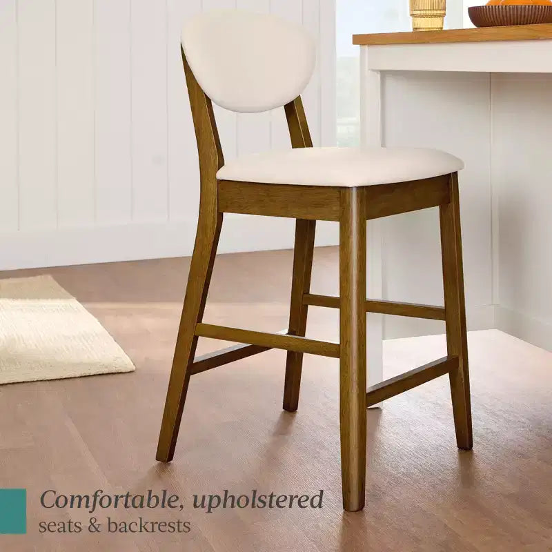 Ensemble de 2 tabourets de bar hauteur comptoir en bois et tissu d'inspiration Mid-Century Modern
