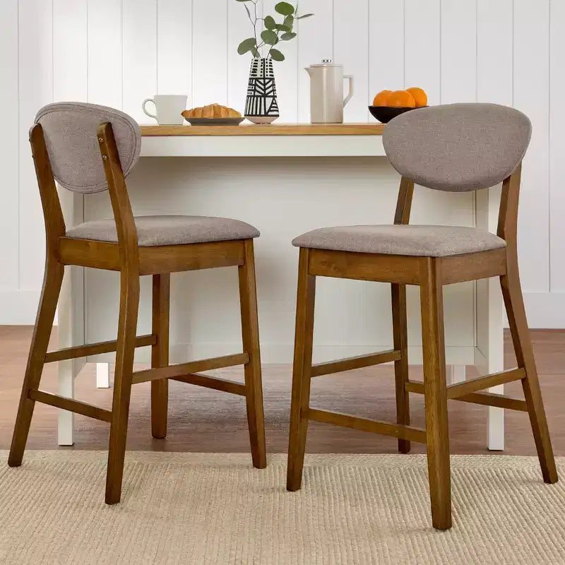 Ensemble de 2 tabourets de bar hauteur comptoir en bois et tissu d'inspiration Mid-Century Modern