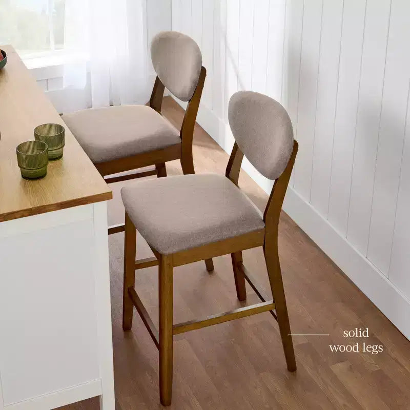 Ensemble de 2 tabourets de bar hauteur comptoir en bois et tissu d'inspiration Mid-Century Modern