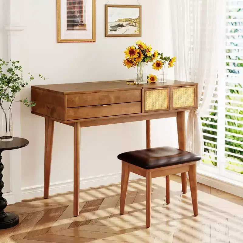 Whisen Classic Wood Makeup Vanity Set Dressing Table with Flip-top Mirror and Stool