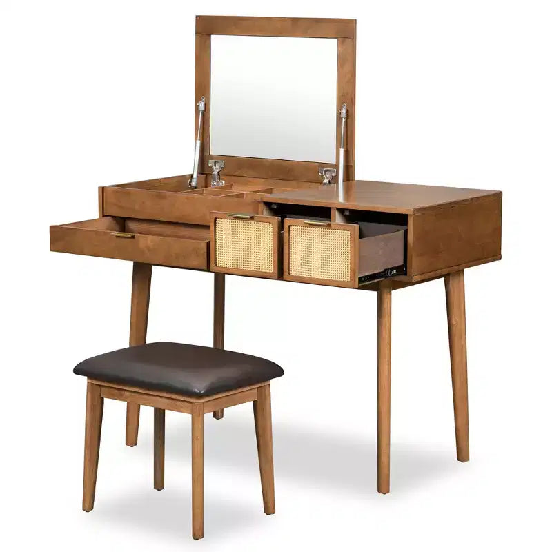 Coiffeuse classique en bois avec miroir rabattable et tabouret