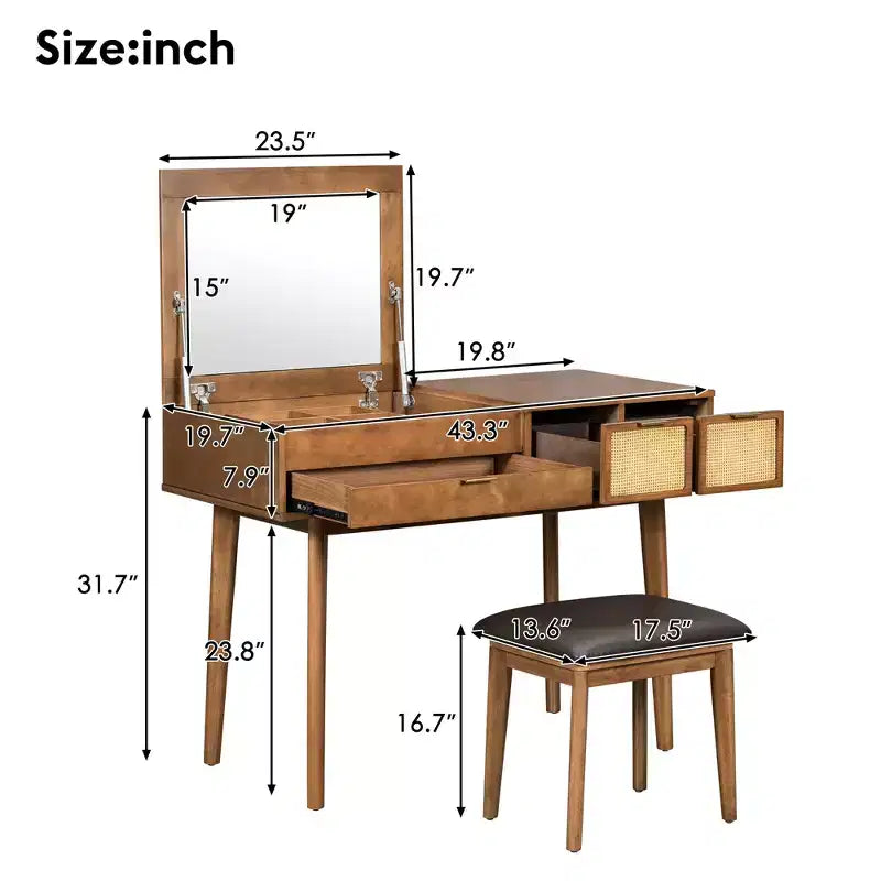 Coiffeuse classique en bois avec miroir rabattable et tabouret