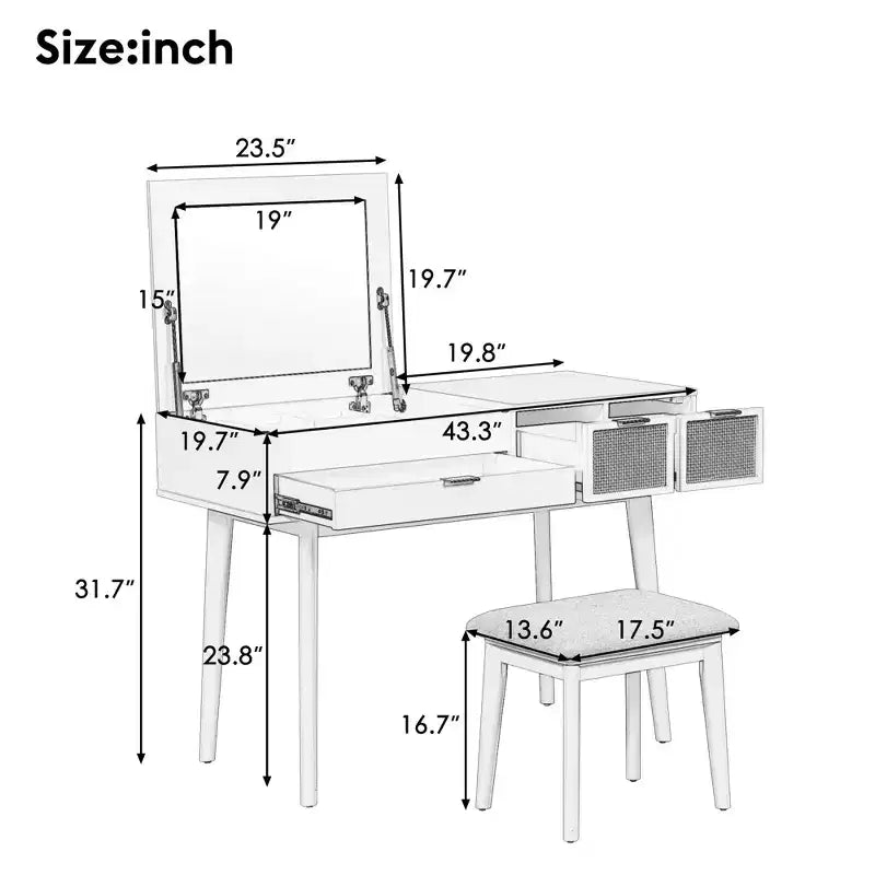 Coiffeuse classique en bois avec miroir rabattable et tabouret