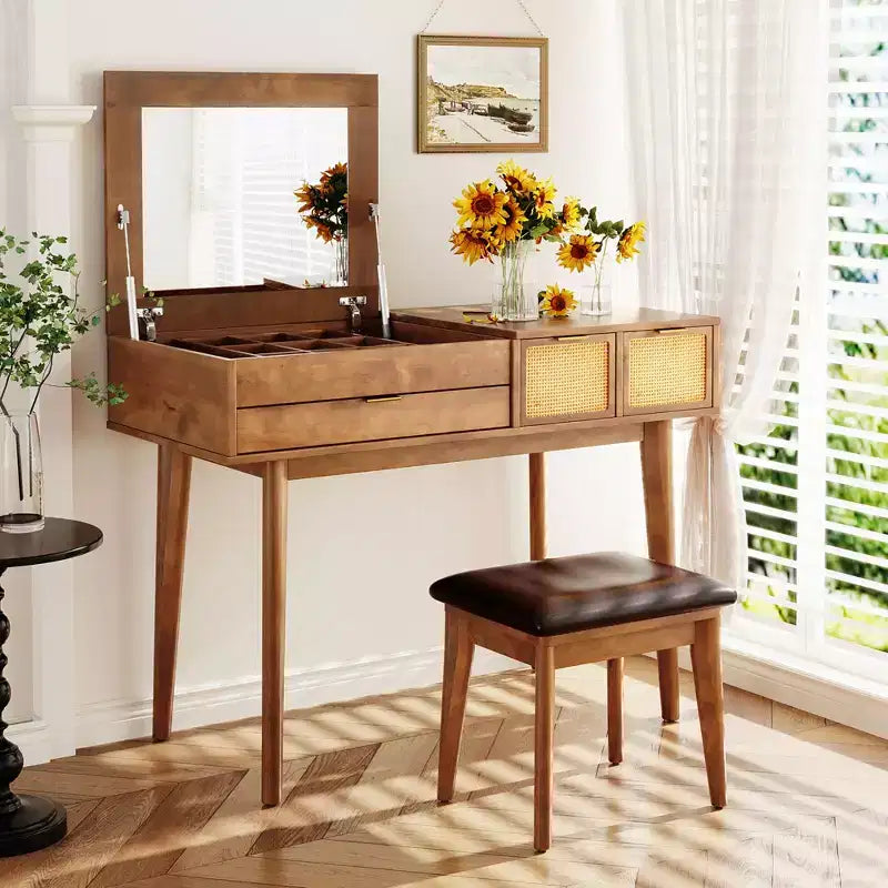 Coiffeuse classique en bois avec miroir rabattable et tabouret