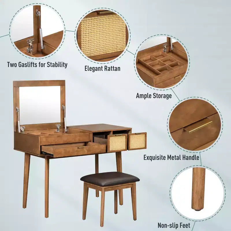 Coiffeuse classique en bois avec miroir rabattable et tabouret