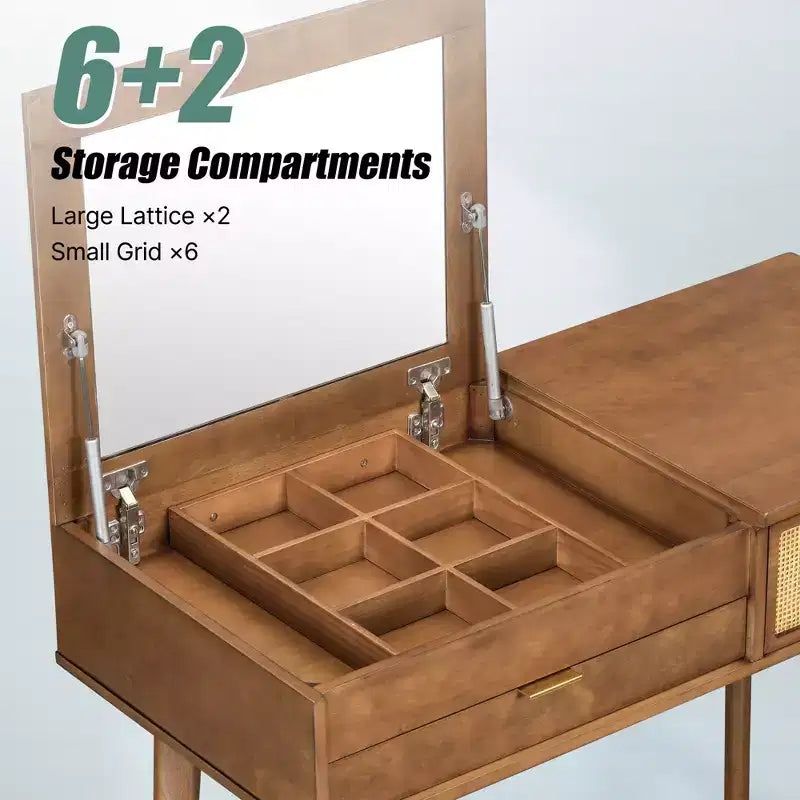 Coiffeuse classique en bois avec miroir rabattable et tabouret