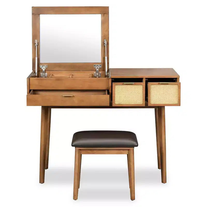 Coiffeuse classique en bois avec miroir rabattable et tabouret