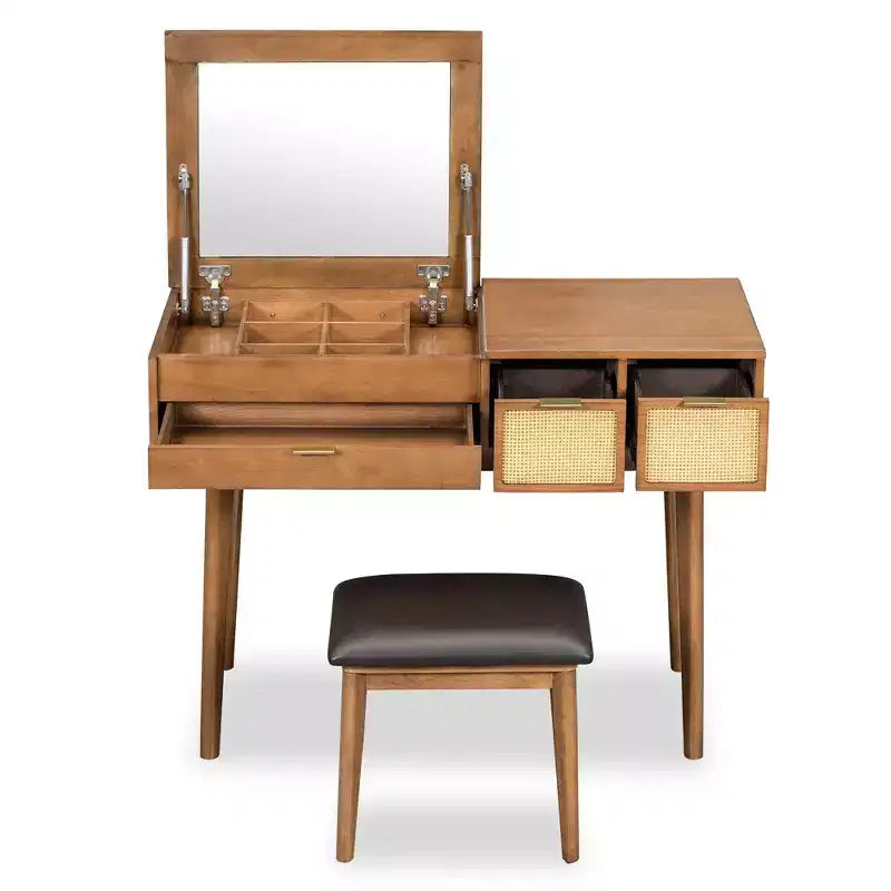 Coiffeuse classique en bois avec miroir rabattable et tabouret