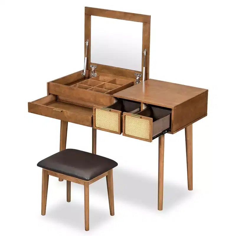 Coiffeuse classique en bois avec miroir rabattable et tabouret