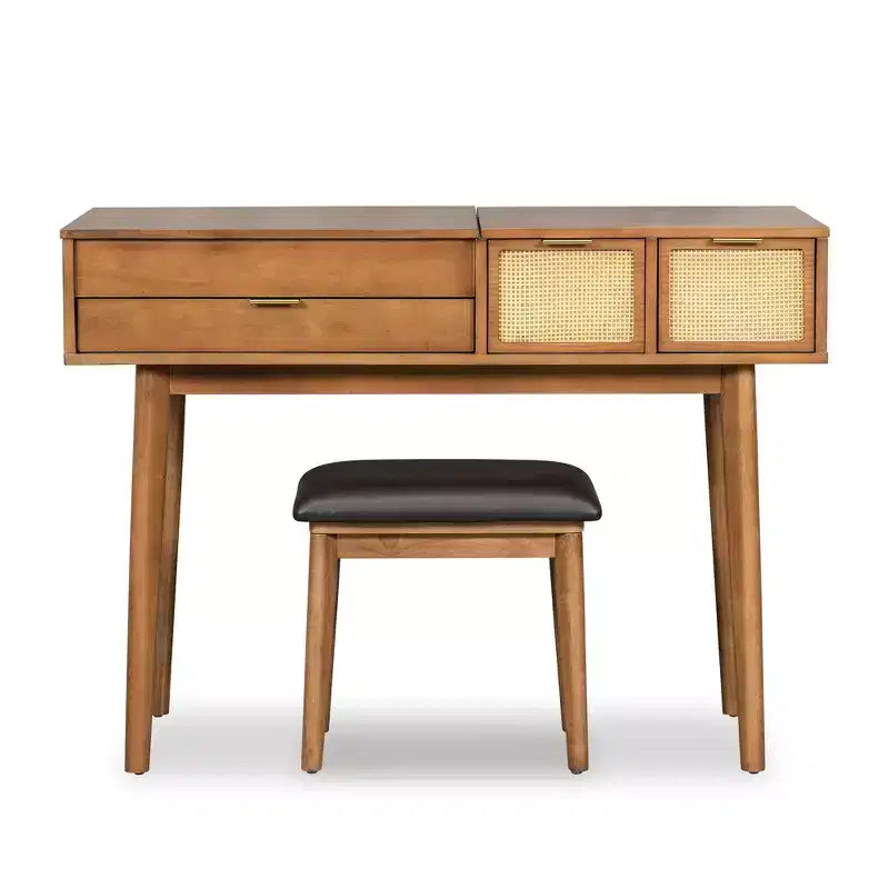 Coiffeuse classique en bois avec miroir rabattable et tabouret