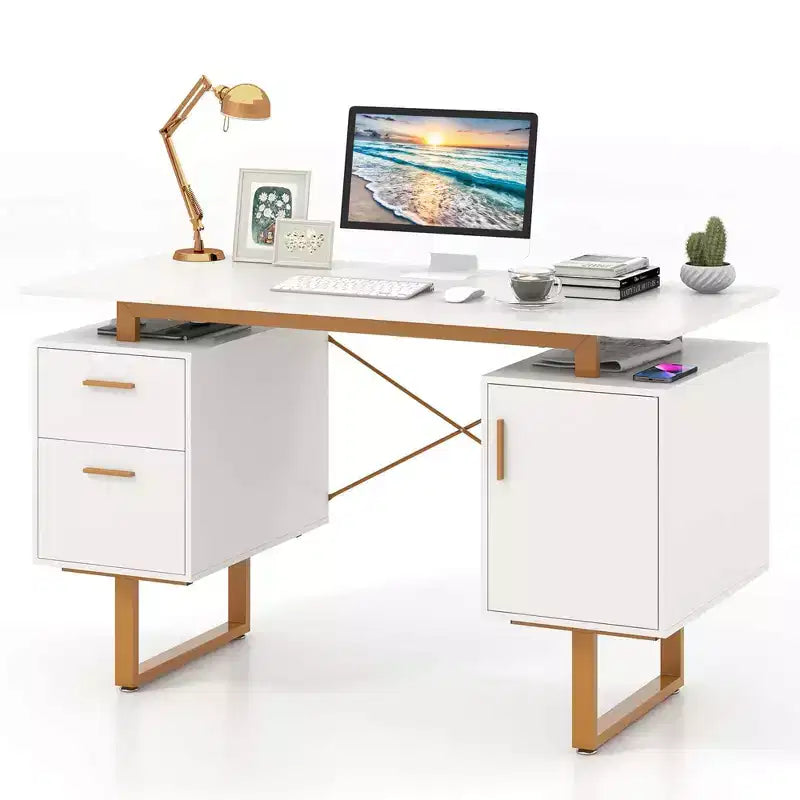 Costway 51 Home Office Desk with Floating Desktop Dual Drawers Cabinet & Metal Frame