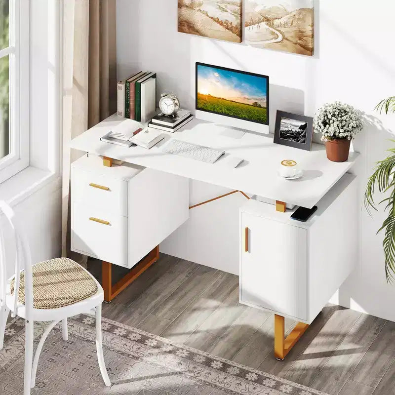 Bureau d'ordinateur de 51 pouces avec plateau flottant, double tiroir et structure métallique