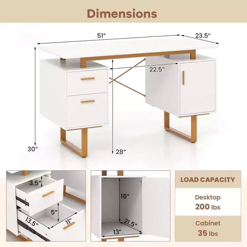 Bureau d'ordinateur de 51 pouces avec plateau flottant, double tiroir et structure métallique