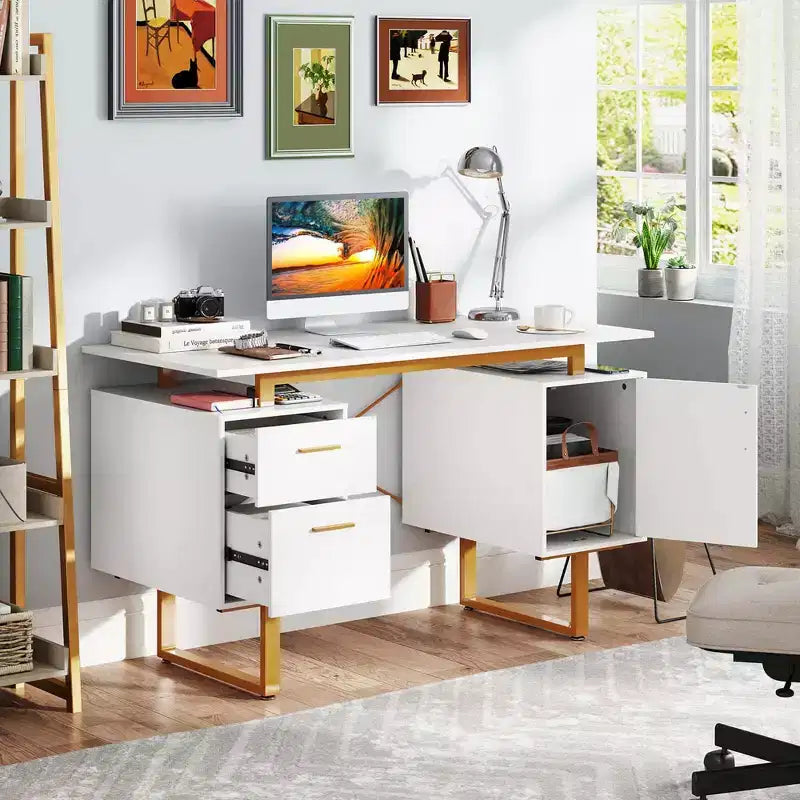 Bureau d'ordinateur de 51 pouces avec plateau flottant, double tiroir et structure métallique