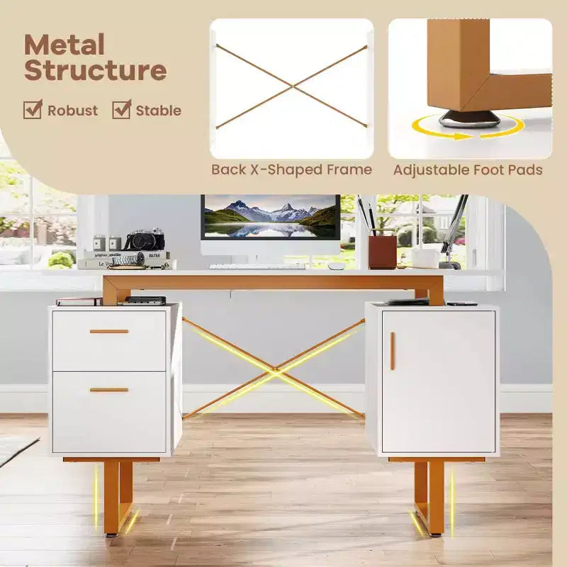 Bureau d'ordinateur de 51 pouces avec plateau flottant, double tiroir et structure métallique