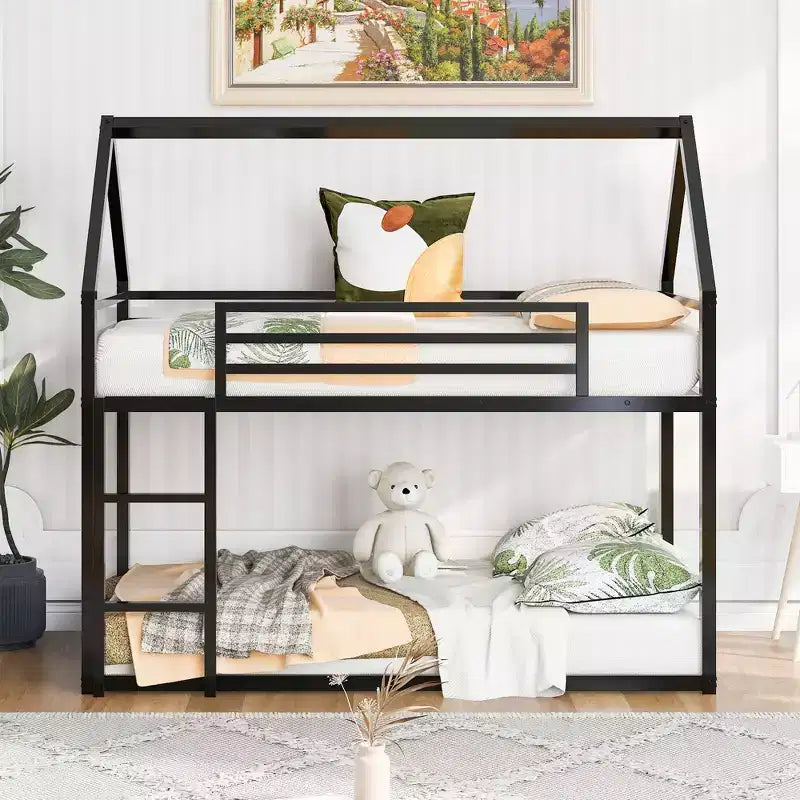 Lit superposé en métal avec lits jumeaux superposés en forme de maison avec échelle intégrée