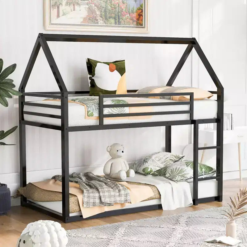 Whisen Metal Twin over Twin House-Shaped Bunk Bed with Built-in Ladder