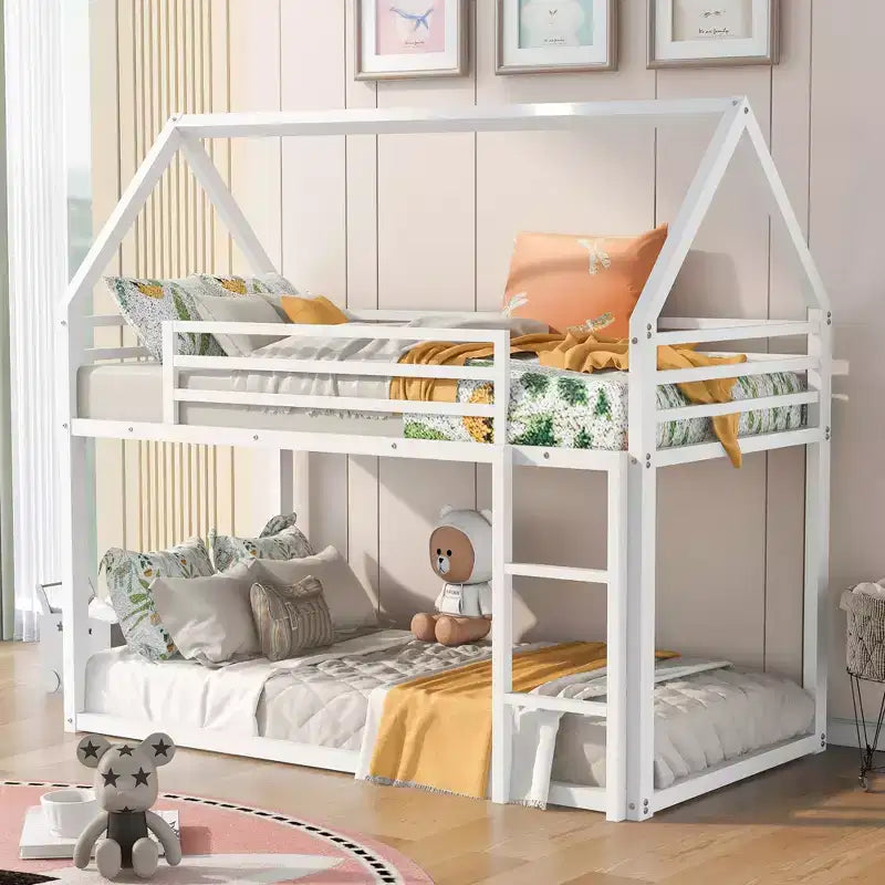 Lit superposé en métal avec lits jumeaux superposés en forme de maison avec échelle intégrée