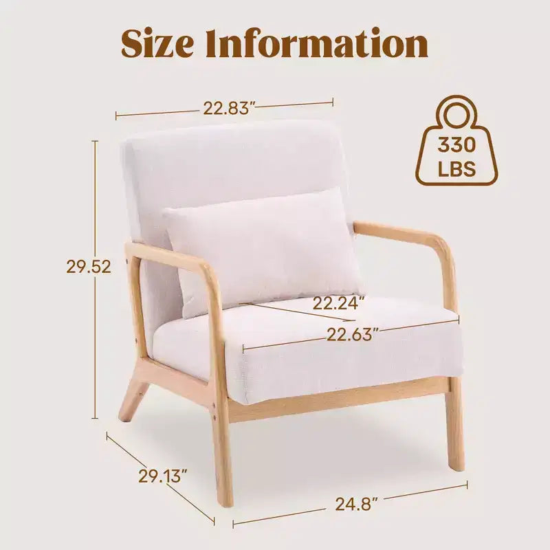 Fauteuil d'appoint rembourré moderne avec coussin lombaire, fauteuil de relaxation avec cadre en bois massif et coussin moelleux, beige