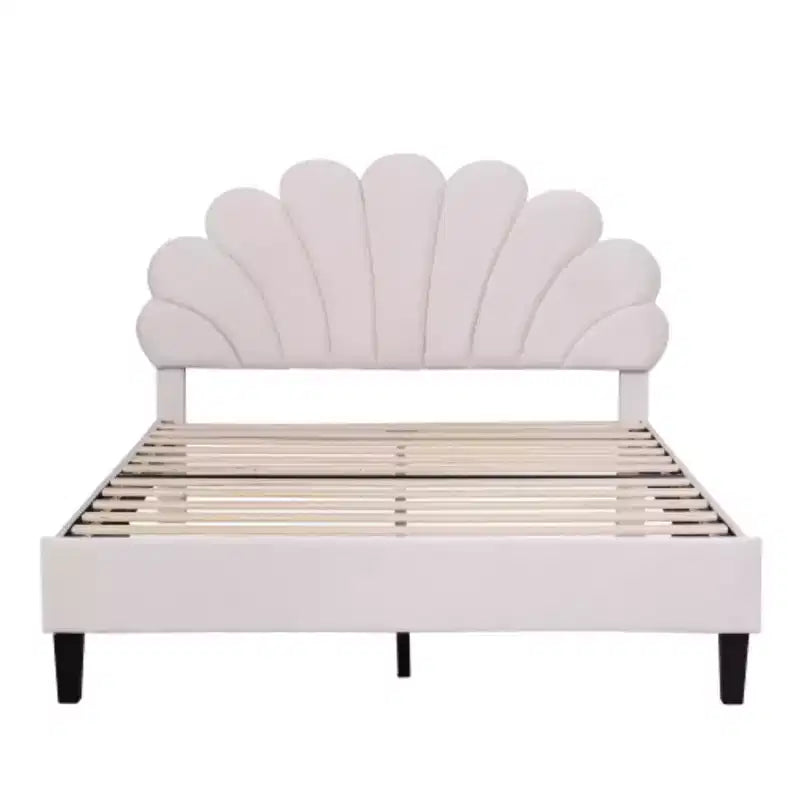 Lit plateforme pleine grandeur en tissu avec tête de lit capitonnée en velours floral