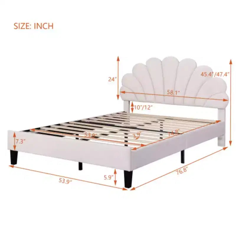 Lit plateforme pleine grandeur en tissu avec tête de lit capitonnée en velours floral