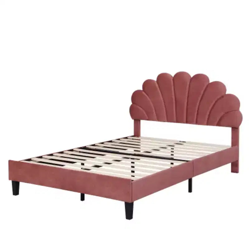 Lit plateforme pleine grandeur en tissu avec tête de lit capitonnée en velours floral