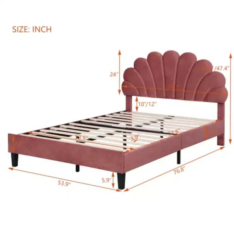 Lit plateforme pleine grandeur en tissu avec tête de lit capitonnée en velours floral