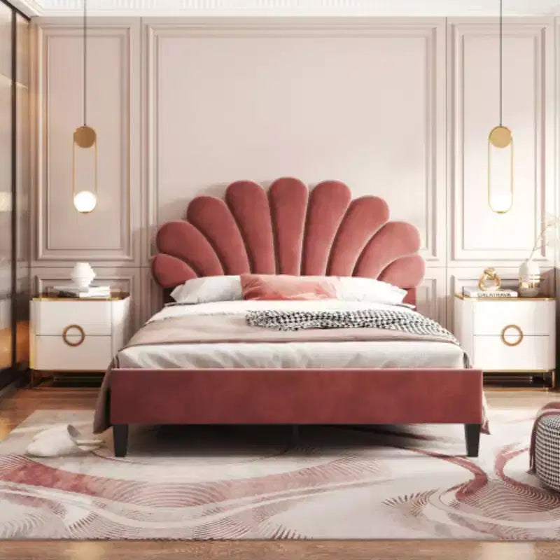 Full-Size Fabric Platform Bed with Floral Velvet Upholstered Headboard