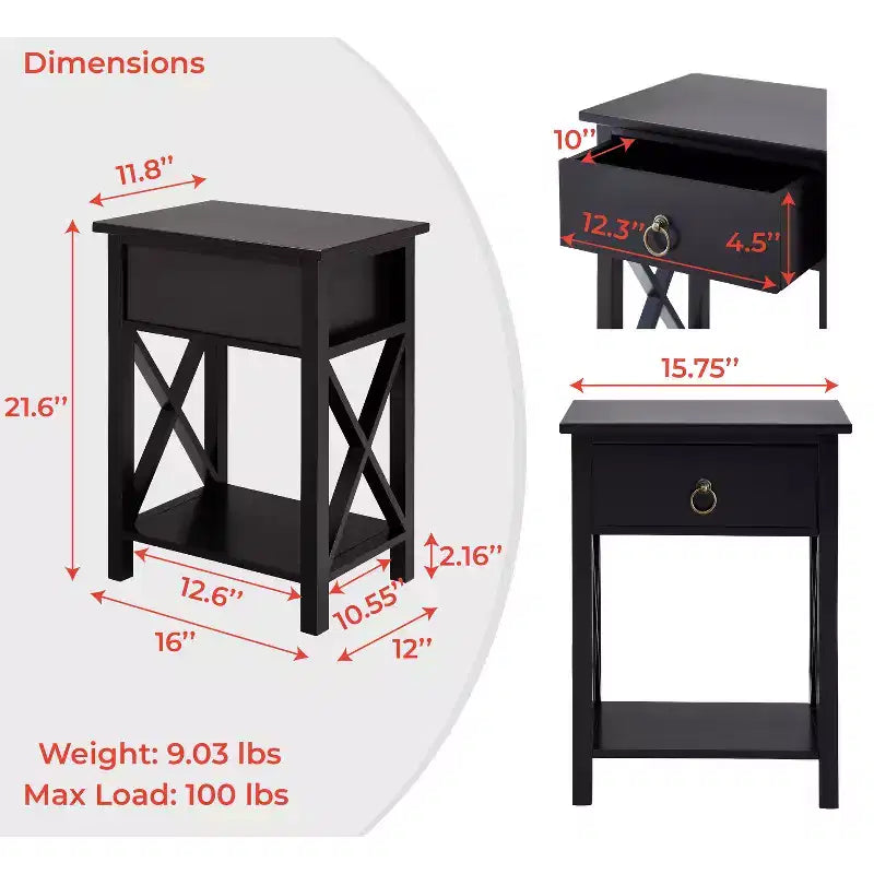 Table d'appoint en bois avec étagère de rangement et tiroir