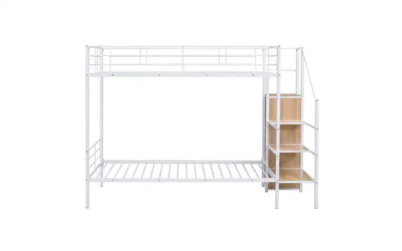 Twin-Over-Twin Metal Bunk Bed featuring Side Storage Steps and Integrated Wardrobe
