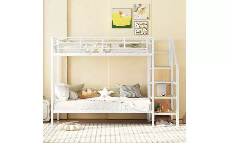 Lit superposé métallique double avec escalier de rangement latéral et armoire intégrée