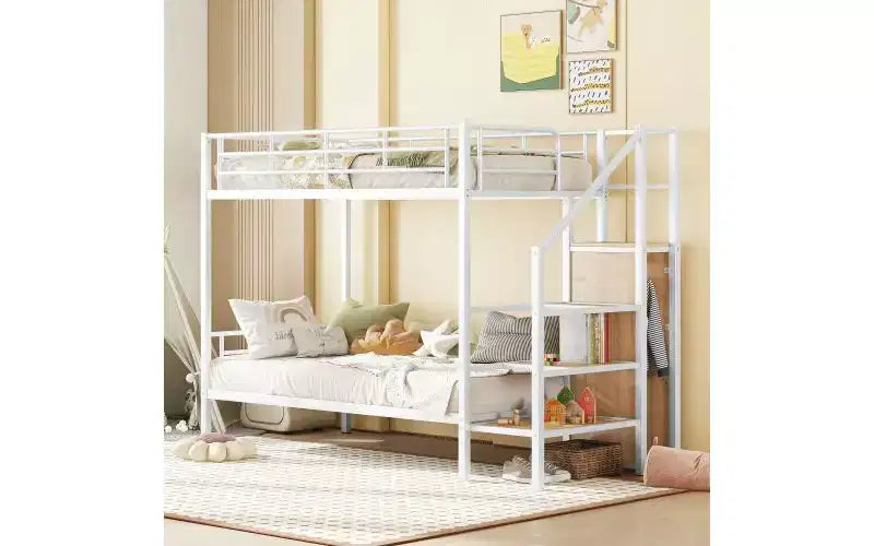 Lit superposé métallique double avec escalier de rangement latéral et armoire intégrée