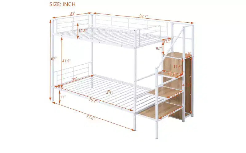 Lit superposé métallique double avec escalier de rangement latéral et armoire intégrée