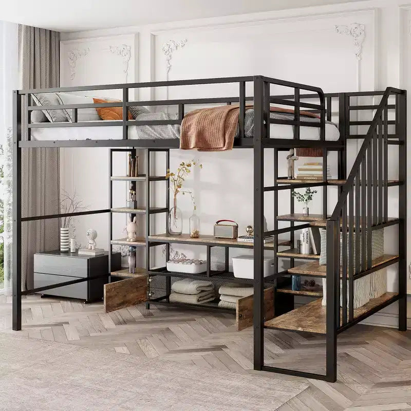 Whisen 91.5''L x56.3''W Full Size Metal Loft Bed with Staircase, Low Storage Table and Storage Shelves