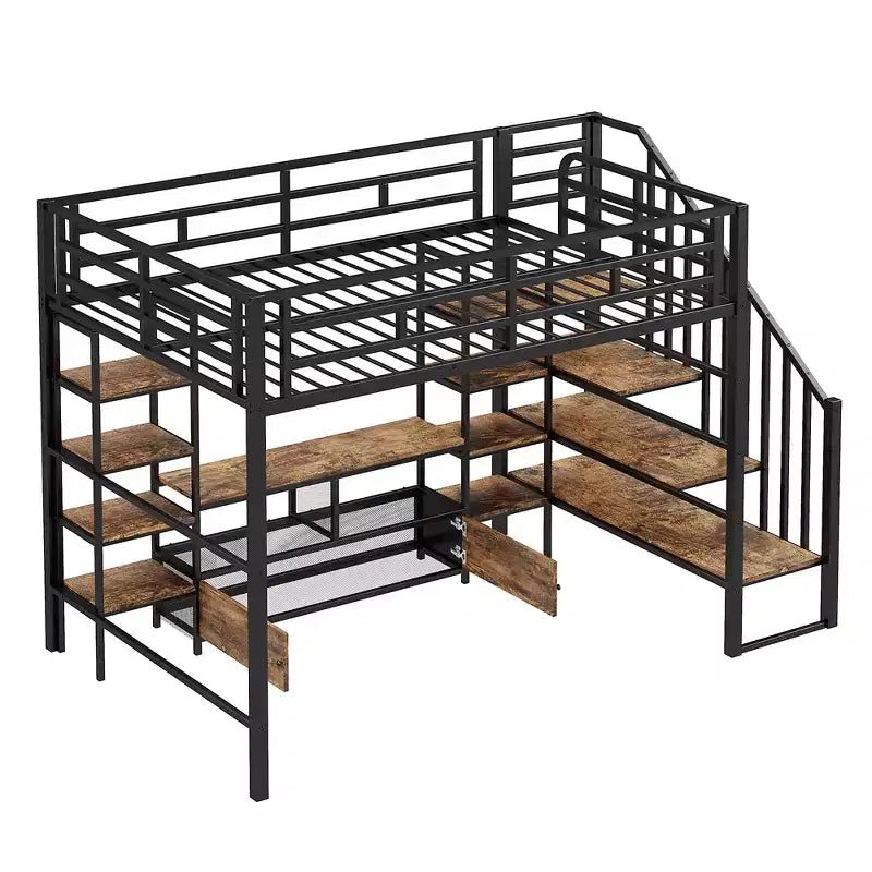 Lit mezzanine en métal pleine grandeur 91,5"L x 56,3"l avec escalier, table de rangement basse et étagères de rangement