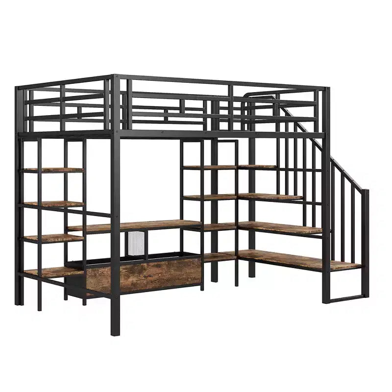 Lit mezzanine en métal pleine grandeur 91,5"L x 56,3"l avec escalier, table de rangement basse et étagères de rangement