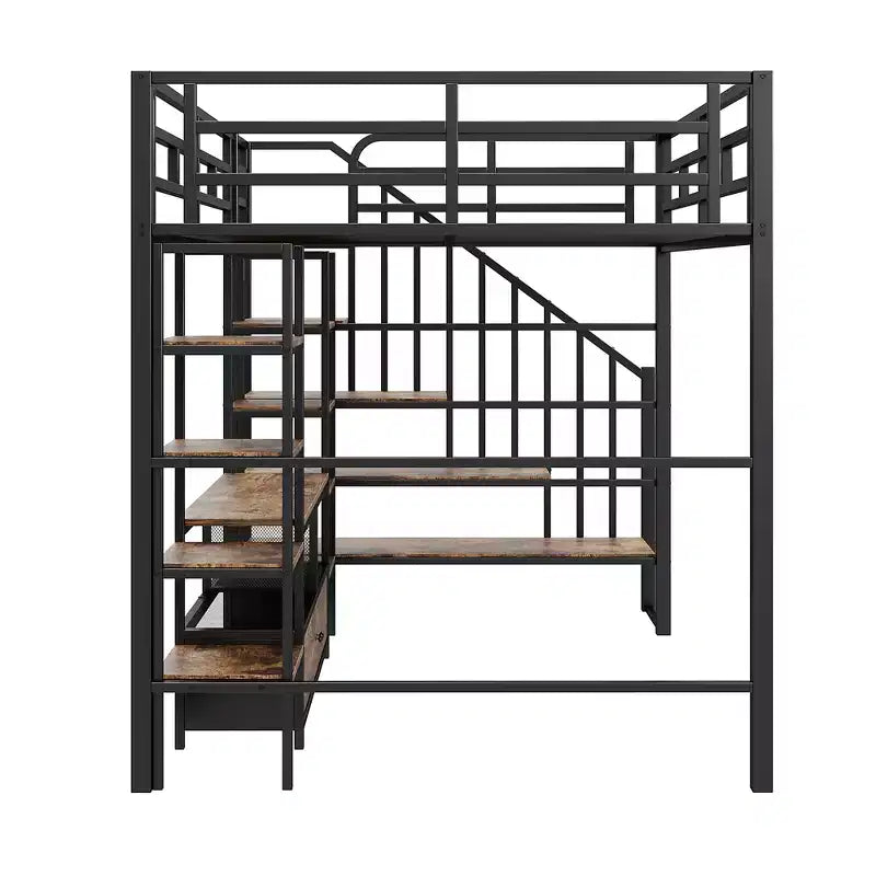 Lit mezzanine en métal pleine grandeur 91,5"L x 56,3"l avec escalier, table de rangement basse et étagères de rangement