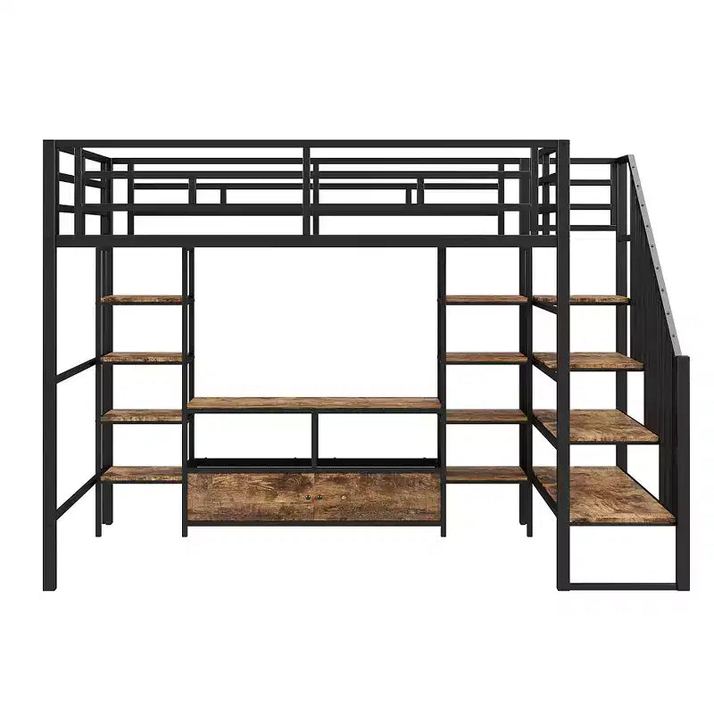 Lit mezzanine en métal pleine grandeur 91,5"L x 56,3"l avec escalier, table de rangement basse et étagères de rangement