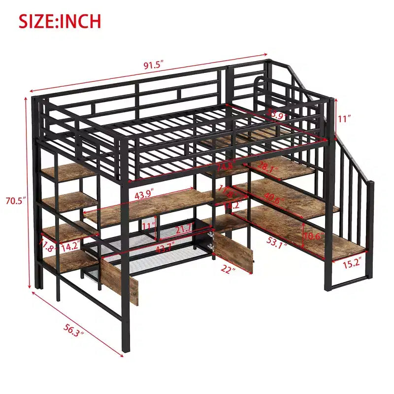 Lit mezzanine en métal pleine grandeur 91,5"L x 56,3"l avec escalier, table de rangement basse et étagères de rangement