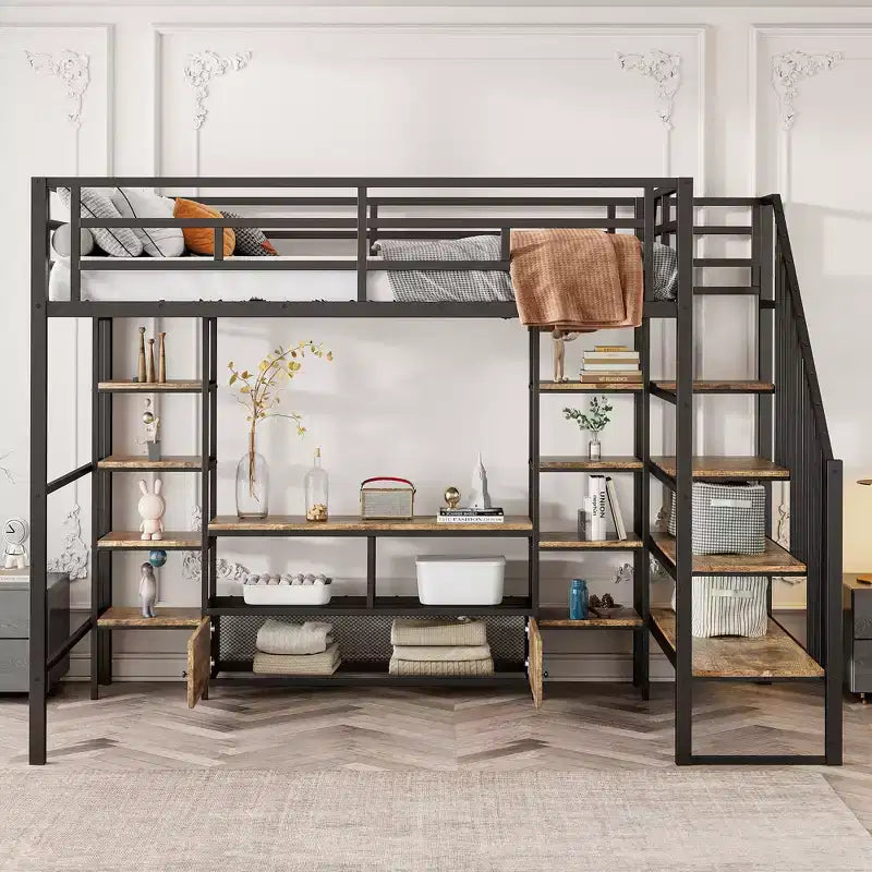Lit mezzanine en métal pleine grandeur 91,5"L x 56,3"l avec escalier, table de rangement basse et étagères de rangement