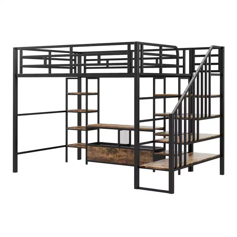 Lit mezzanine en métal pleine grandeur 91,5"L x 56,3"l avec escalier, table de rangement basse et étagères de rangement